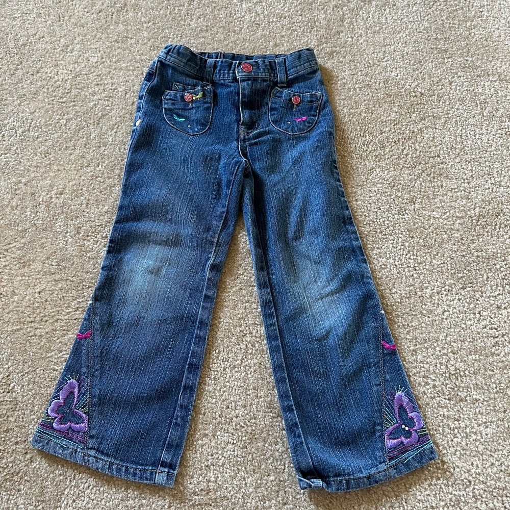 Toughskins Dark Blue Denim Jeans with Purple Embroidery Adjustable Waist